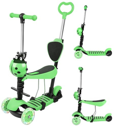 5-in-1 Kinder Roller Scooter mit Abnehmbarer Karikaturkorb Sitz Schubstange LED große Räder Bequeme Rückenlehne Höheverstellbare Lenker für Kleinkinder Jungen Mädchen ab 2 Jahre