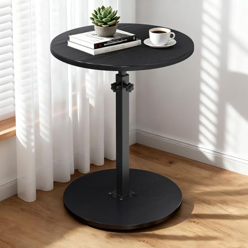 johgee Beistelltisch Holz mit Rollen, Höhenverstellbar (45-77cm), ⌀ 40 cm, Beistelltische fürs Wohnzimmer, Sofas, Couchtisch holz,Schwarz