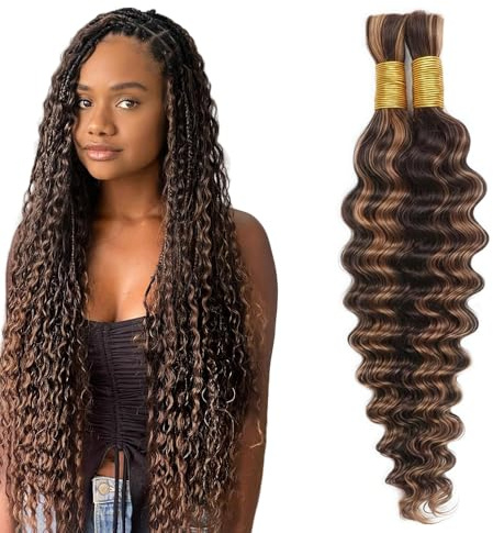 Tuheerst Human Hair Extension For Boho Braids 34 34 Inch P4/30 Highlight Brown Color Deep Wave Natural Unprocessed Human Hair Braiding For Woman 50g/Bundle Total 100g