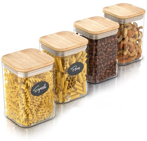 Arendo - Vorratsgläser mit Deckel - 4er Set - Glasbehälter aus Glas – hitzebeständig – Vorratsdosen mit Bambusdeckel - luftdicht - für Müsli Zucker Mehl Kaffee Reis