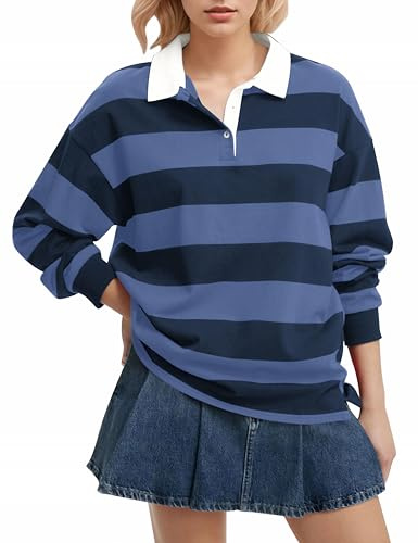 Meladyan Rugbyshirt für Damen, gestreiftes Poloshirt im Oversize-Stil, Langarmshirt mit Kragen und V-Ausschnitt, Y2K-Streetwear