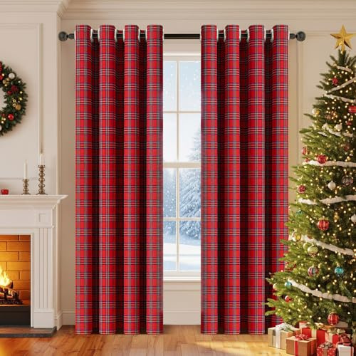 PLODAXE Weihnachtsvorhänge Kariert mit Ösen, 2er Set H274xB132cm Weihnachten Gardinen Karomuster, Blickdicht, Leichte Weihnachts Vorhang für Schlafzimmer Wohnzimmer Fenster (Rot)