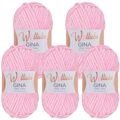 Wollidu Gina - Lot de 5 pelotes de laine chenille - 100 g - 100 % polyester - 120 m chacun - Épaisseur du fil : 5 mm - Pour tricot et crochet - Fil peluche doux et velouté - Couleur rose bébé