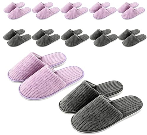 Keltorio Set di 12 paia di pantofole per hotel, pantofole usa e getta, in pile di corallo, antiscivolo, lavabili, per hotel, casa, camera da letto, bagno (viola, grigio)