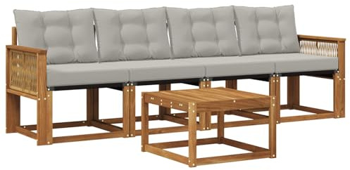 vidaXL Outdoor-Sofagarnitur mit Kissen 5 pcs Natürlich und Hellgrau, Garten Sofaset, modernes Wohnmöbel, entspannende Couch für Terrasse und Außenbereich