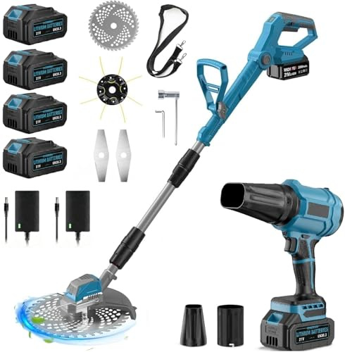 Coupe Bordure sans Fil avec Batterie 21V, Ensemble Débroussailleuse Électrique sans Fil et Souffleur Batterie 16,0Ah, 4 Batteries 4,0Ah, Moteur Brushless 1000W, 65 m/s, Écran LCD, 3 Lames