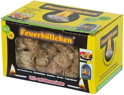 Feuerbällchen - L'originale – per accendere stufe, camino, fornelli, grill, falò – in puro prodotto naturale – Resistente all'umidità – Made in Germany – Scatola da 0,5 kg (circa 40 pezzi)
