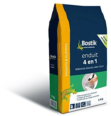 Bostik Enduit Multi Usage Poudre 4 en 1, Rebouche, Egalise, Lisse et Colle, Blanc, Sac de 5kg