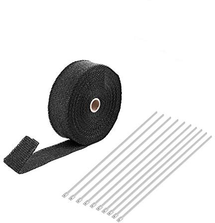 Estink Bande Isolant Thermique pour Moto 15m en Fibre de Verre + 10pcs Attaches de Câble en Acier Inoxydable Ruban Echappement Moto pour Tuyeau Manifold Collecteur Echappement Noire