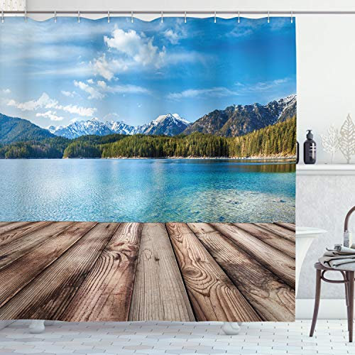 ABAKUHAUS Berg Duschvorhang, Lake Forest Berg, Stoffliches Gewebe Badezimmerdekorationsset mit Haken, 175 x 200 cm, Braun Blau