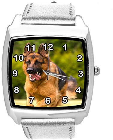 TAPORT Quarzuhr Silber Lederband Quadratisch mit Deutscher Schäferhund
