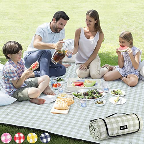 ZAZE Lahawaha Picknick- und Outdoor-Decke, 200 x 200 cm, Gingham-Picknickmatte für Strand, Camping auf Gras, wasserdicht (grün und weiß)