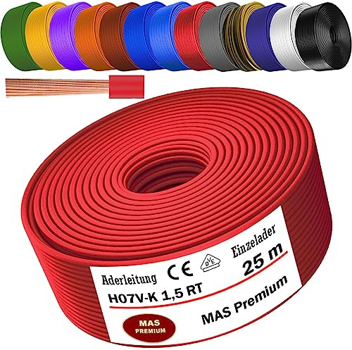 Cavo unipolare, H07 V-K, 1 x 1,5 mm², rosso, cavo singolo flessibile da 5 a 100 m (25m)