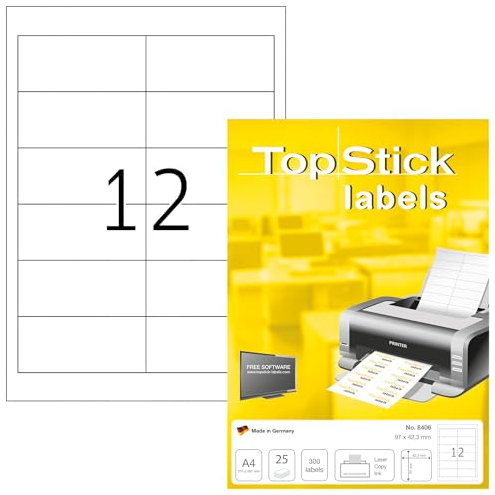 topstick 8406 Etiquetas universales A4 (96,5 x 42,3 mm, 25 hojas, papel, mate) autoadhesivas, imprimible, pegatinas de dirección permanente, 300 adhesivos blancas