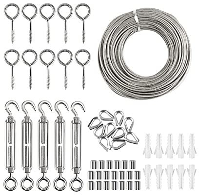 SHANGHh 56 PCS Sun Shade Sail Hardware Kit 304 Stainless Steel Awning Attachment Set for Garden Triangle and Square Hardware Accessories Kit with Wire Rope Cable