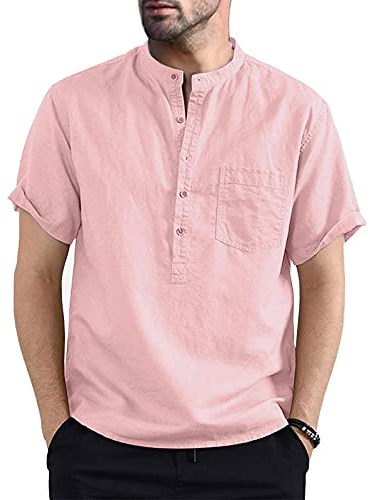 Chemise Slim Homme T-Shirt d'Été Polo en Lin Manches Courtes à Col Mao Henley Top de Plage avec Poche Poitrine Haut Tops Casaul Couleur Uni