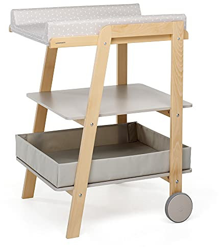 Foppapedretti Fasciatoio Athena, Legno di Faggio, Made in Italy, Design Moderno e Lineare, Ruote in ABS Rivestite in Gomma, Materassino Incluso, 2 Ripiani Aggiuntivi, 65x70x93 cm, Naturale Tortora