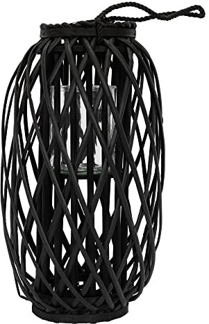 ECD Germany Laterne Ried 50 x Ø28 cm mit Henkel, Schwarz, Seilfaser, Flechtoptik, Rattan Windlicht mit Glaseinsatz, Retro-Laterne Korbgeflecht, Handgeflochtene Gartenlaterne Kerzenhalter Kerzenständer