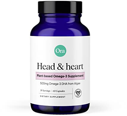 Ora Organic Vegan Omega 3 Supplement - 500mg DHA for Brain, Eye, and Heart Health - Made from Sustainable Algae - 60 Capsules