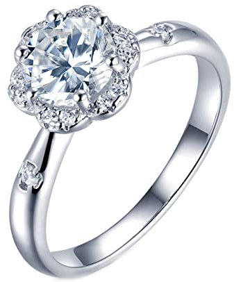 BCughia Eheringe, Zierlicher Ring Silber Weiß Runde Brillante Form Moissanit Sterlingsilber Florales 6-Klauen-Design Hochzeit Ringe Größe 57(18.1)