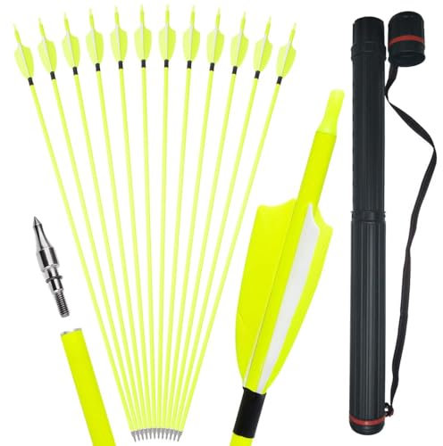 wolfman 32 Zoll Carbonpfeile für Bogenschießen 500 Spine Carbon Pfeile Carbon Jagdpfeile mit 3 Zoll Plastikfeder Carbon Arrows für Pfeil Bogen Recurvebogen Compoundbogen (6P, gelb+1Köcher)