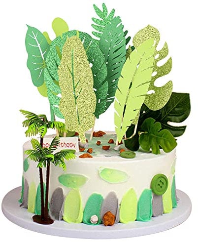 Gyufise 16Pcs Tropical Leaves Cake Toppers Glitter Palm Turtle Leaves Cake Toppers Green Leaf Forest Cupcake Plant Leaf Tropical Birthday Jungle Hawii Theme Birthday Party Cake Decorations