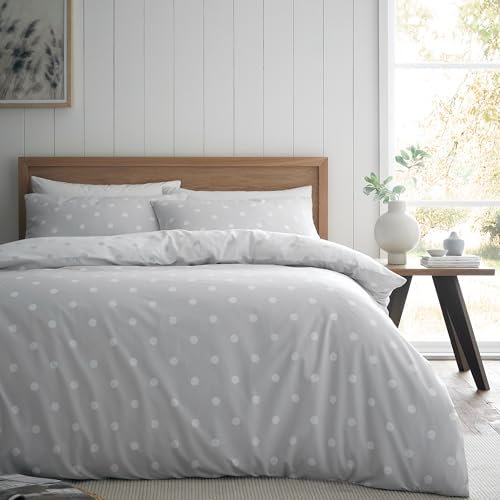 Catherine Lansfield Set copripiumino singolo con federa, reversibile, in cotone spazzolato, a pois, colore: grigio