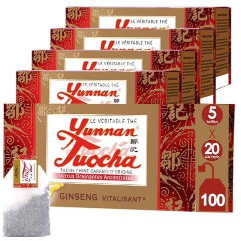 Yunnan Tuocha Zouji - Thé Tuocha au Ginseng – Vitalisant - 100 Sachets (5x20)- 200g - Origine Yunnan Garantie