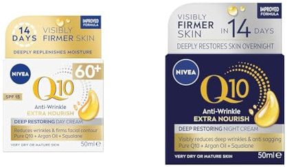 NIVEA Q10 Power 60+ Skin Anti-Wrinkle + Replenishing Day Cream (50 ml), Powerful Anti Ageing Cream, Day Face Cream with SPF15 & Q10 Power 60 + Skin Anti-Wrinkle + Replenishing Night Cream (50 ml)