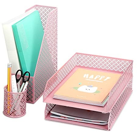 Exerz Organisateur de Bureau 4 pièces/Fournisseurs de Bureau/Accessoires de classement - Bac à Lettres/Classeur x 2, Porte-revues x 1, Porte-Stylo x 1 (Rose Clair)