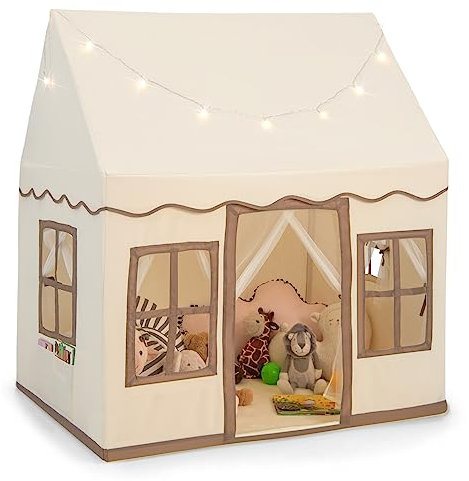 GYMAX Kids Tent, Indoor Children Playhouse with Washable Mat, Star Lights & Windows, Large Play Tent for 3-10 Years Old Girls Boys (Beige+Coffee)