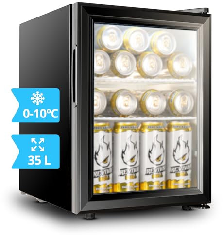 Mini frigorífico de 35 hasta 98 litros (temperatura de 0-10ºC). Nevera con puerta de cristal de bajo consumo. Mini nevera pequeña para habitación con puerta expositora. Frigoríficos pequeños (35L)