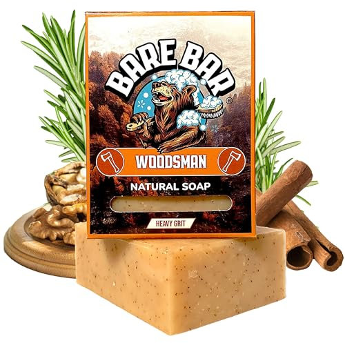 Mens Soap - Bare Bar - Natural Mens soap bar UK - Handcrafted Exfoliating Cold Process Natural Body Soap bar for Men - Vegan, Plastic Free, Cruelty Free, 142g, hand soap (Woodsman)