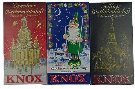 Knox Sparpack Räucherkerzen Mischung- Dresdner Weihnachtsduft+Seiffner Weichnachtsduft+Weihnachtsmischung Größe M Inhalt pro Schachtel 24 Räucherkegel Duftkegel