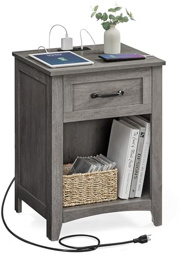 VASAGLE LIRY Collection - Farmhouse Nightstand with Charging Station, Bedside Table, Side Table with Drawer, Open Compartment, for Bedroom, Misty Gray ULET659G68