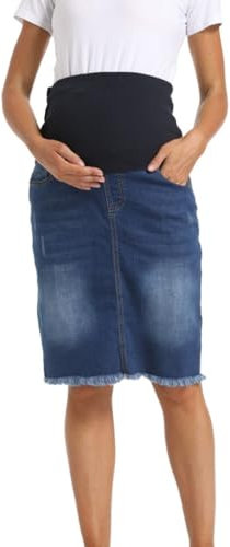 Jupe en Jean Décontractée pour Femmes Enceintes Taille Haute, Ourlet Brut, Vêtements De Grossesse en Denim avec Poches (Color : Blue, Size : L)