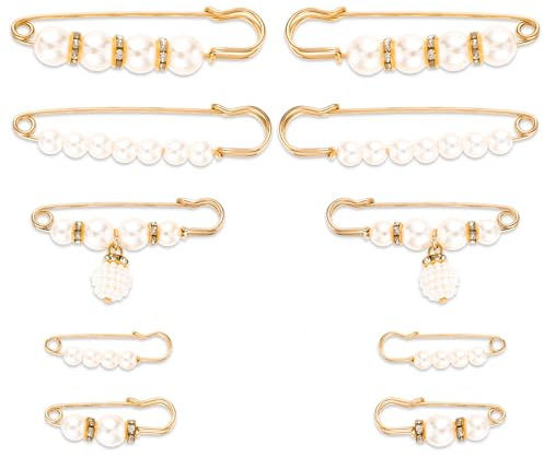 COMNICO Lot de 10 broches à perles tendance pour vêtements et col - Pinces de sécurité en fausses perles - Pour pantalon - Strass - Ajusteur de l'encolure - Décoration de robe pour femme - Pull châle