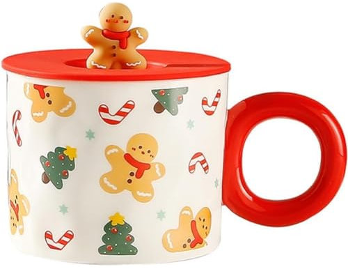 SuperglockT Weihnachtstasse Lustige Weihnachtsmotive Keramik Kaffeetasse mit Deckel Teetasse 400ml Weihnachtsbecher Geschenkidee für Freunde Kollegen Mama Papa Oma Opa (Lebkuchenmann)