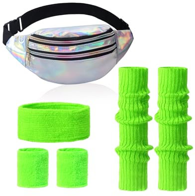 Clundoo 80er Jahre Outfit Damen Set Mit Bauchtasche, Stirnband, Beinwärmer, Handschuhe für 90er Kostüm Party Fasching Karneval (Grün)