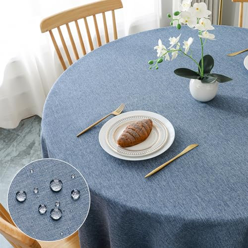 AooHome Tischdecke Rund Φ160cm, Blau Leinen-Optik Tischdecken Abwaschbar Tischtuch aus Polyester Wasserabweisend mit Lotuseffekt, Dauerhaft Kratzfest für Wohnzimmer, Esszimmer, Balkon, Garten