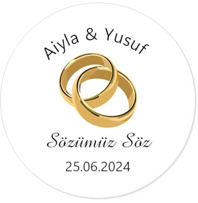 50x Sözümüz Söz Aufkleber PERSONALISIERT Ihr Text Hochzeitssticker 40mm für Türkische Hochzeit Gastgeschenke Etiketten - Rd 670 (01 Eheringe)