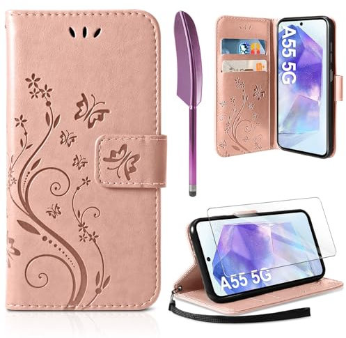 AROYI Coque Compatible avec Samsung Galaxy A55 5G, Retro Design PU Etui Housse en Cuir Portefeuille de Protection Fonction Stand Video Porte Carte Credit Ticket Flip Case Or Rose