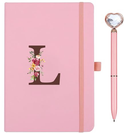 Taccuino Appunti di Viaggio in Pelle PU con Penna Diamante Cuore Rosa Quaderno Scrittura A5 iniziale Diario quaderni per donne ragazza Compleanno Pasqua Festa Della Mamma Regalo per Amica Studenti(L)