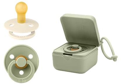 BIBS Schnullerbox Bundle - Bunte Schnuller, Runder Naturkautschuk-Sauger und Sterilisierbox - Komplettes Set für Glückliche Babys, Größe 1 (0-6 Monate), Sage