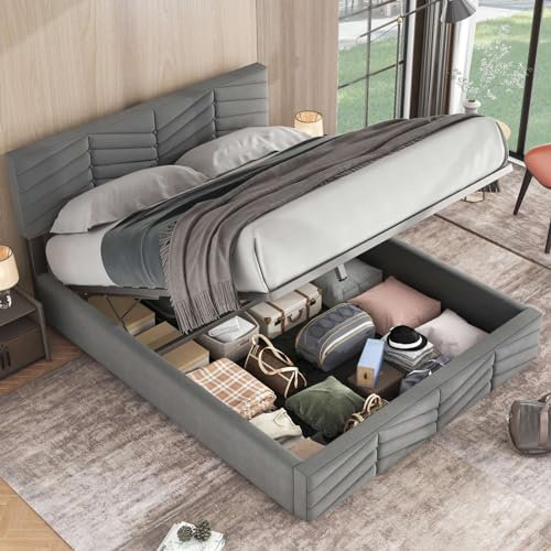 KOMHTOM Lit Coffre avec Tete réglable en Hauteur, Moderne Velours Rembourré Lit avec Rangement sous Cadre de lit, Sommier à Lattes en Bois(sans Matelas) (Gris, 140 x 190CM)