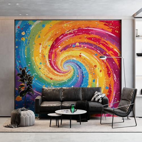 Wandtapete Bunt Regenbogen Wirbel Geometrie Fototapete, Impressionistisch Vliestapete Bild Dekoration Wand-Dekor, 350 x 256 cm (WxH) Tapete Panorama Poster Für Mädchen, Jungs Schlafzimmer Wohnzimmer