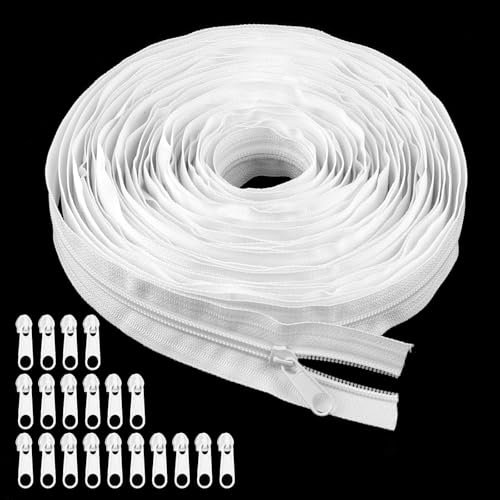 Endlosreißverschluss mit Zipper, 10m Reißverschluss Endlos, Nylon Weiß Reissverschluss mit 20 Reißverschlusszügen, 3,2 cm Breit Meterware Reißverschluss für Bettwäsche Kleidung Tasche