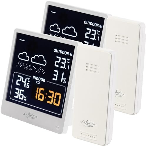 infactory Wetterstationen mit Uhr: 2er-Set Wetterstation mit Außensensor, VA-Farbdisplay, weiß (Funk Farbdisplays, Thermometer-Hygrometer-Barometer, Uhren)