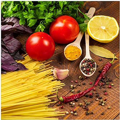 Wallario Sticker/Aufkleber für Kühlschrank/Geschirrspüler/Küchenschränke, Selbstklebende Folie - 60 x 60 cm, Motiv: Italienisches Menü mit Spaghetti, Tomaten, Basilikum und Gewürzen