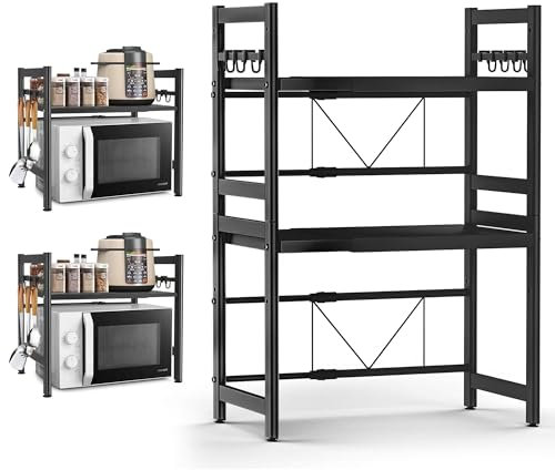 DWDHYEAN Étagères Micro-Ondes de Cuisine Support pour Four à Micro-Ondes Four Micro-Ondes Étagère à Micro-Ondes Extensible de Cuisine avec 6 Crochets Suspendus Organisateur Rangement (Noir-2)